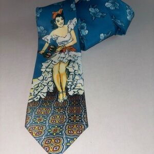 VINTAGE Boca Classics Tie 3” x  57” Blue With Dancing Latina Lady